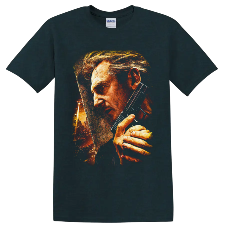 Travis Bickle gritty portrait with sunglasses and glowing urban skyline artwork on a Midnight (Green) T Shirt