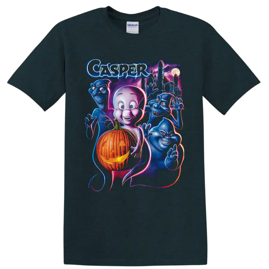 Casper the Friendly Ghost neon art with pumpkin, blue ghosts, moonlit castle, and moon on a Midnight (Green) T Shirt