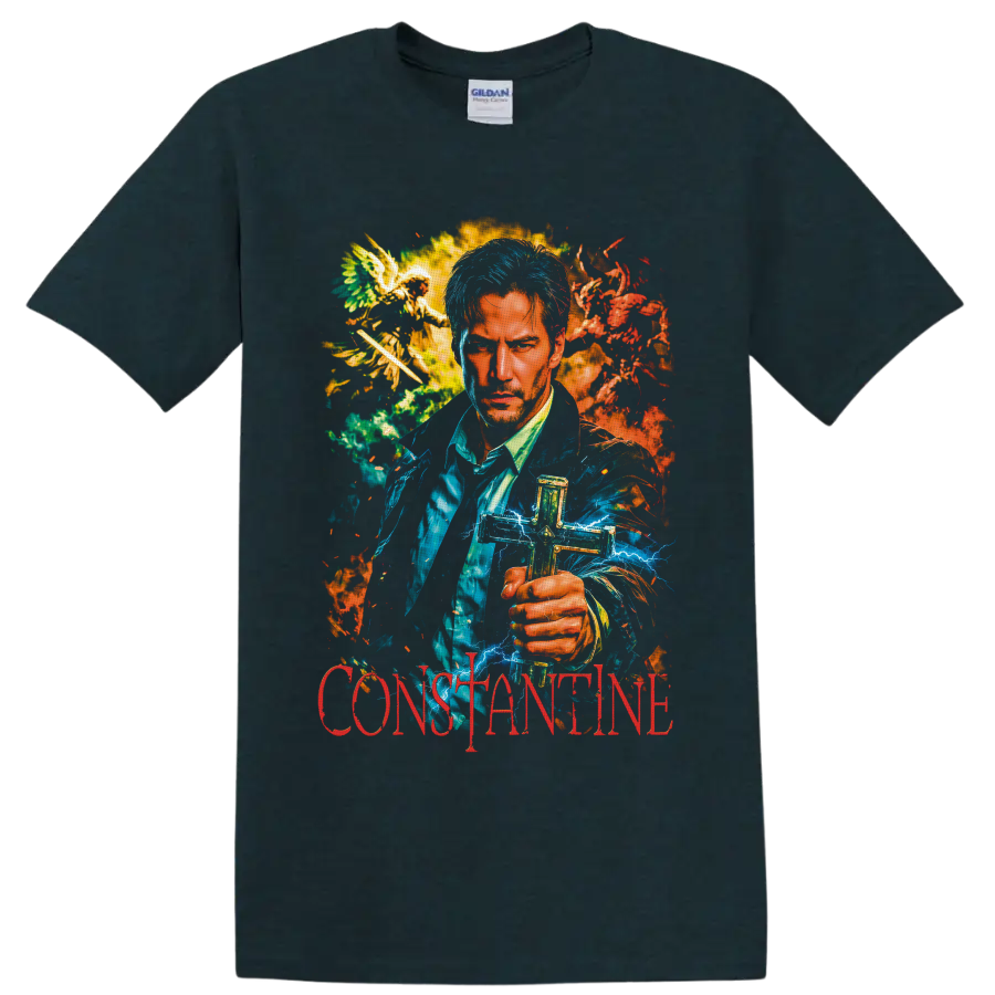 John Constantine portrait with blue lightning, flames, winged figures, and red on a Midnight (Green) T Shirt