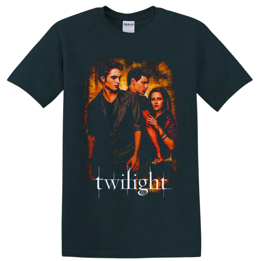 Twilight portrait graphic of Edward Cullen, Jacob Black, and Bella Swan on a Midnight (Green) T Shirt