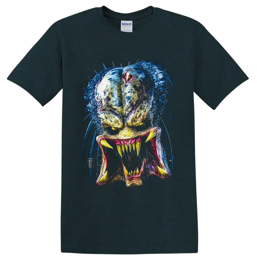 Predator alien hunter portrait with fangs, blue tendrils, and red forehead detail on a Midnight (Green) T Shirt