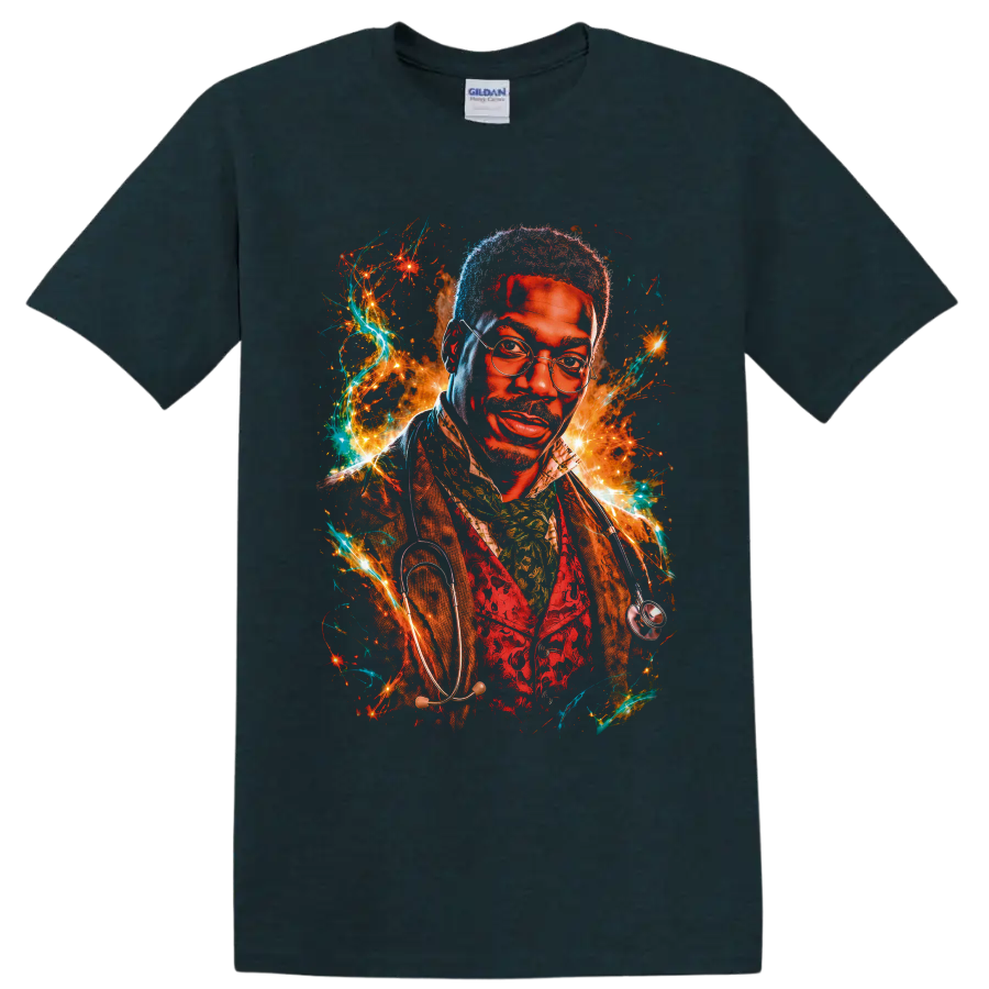 Dr. Dolittle fantasy doctor portrait with glasses, stethoscope, sparks, and teal energy on a Midnight (Green) T Shirt