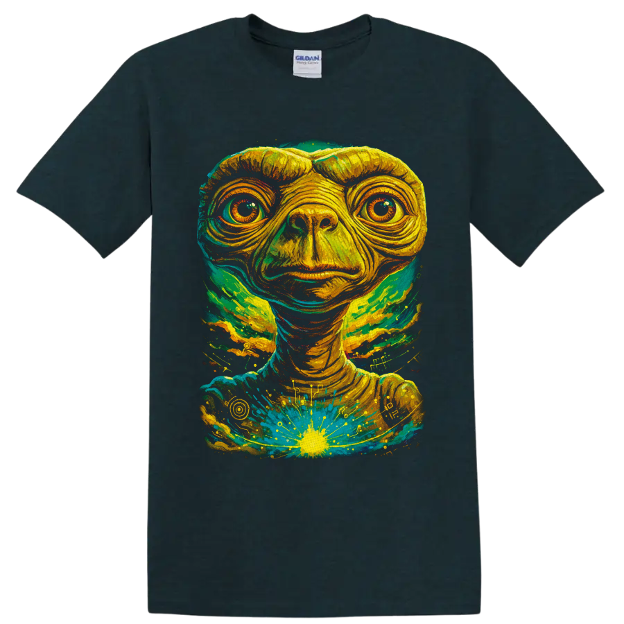 E.T. psychedelic portrait with teal, yellow, and green cosmic paint splashes on a Midnight (Green) T Shirt