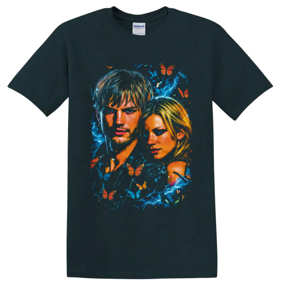 The Butterfly Effect dual portrait with blue lightning and orange butterflies on a Midnight (Green) T Shirt