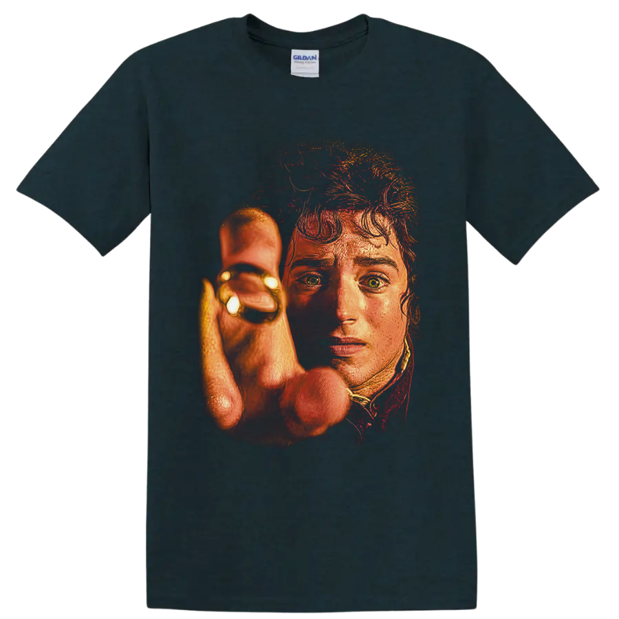 Frodo Baggins holding the One Ring in fiery painterly fantasy portrait art on a Midnight (Green) T Shirt
