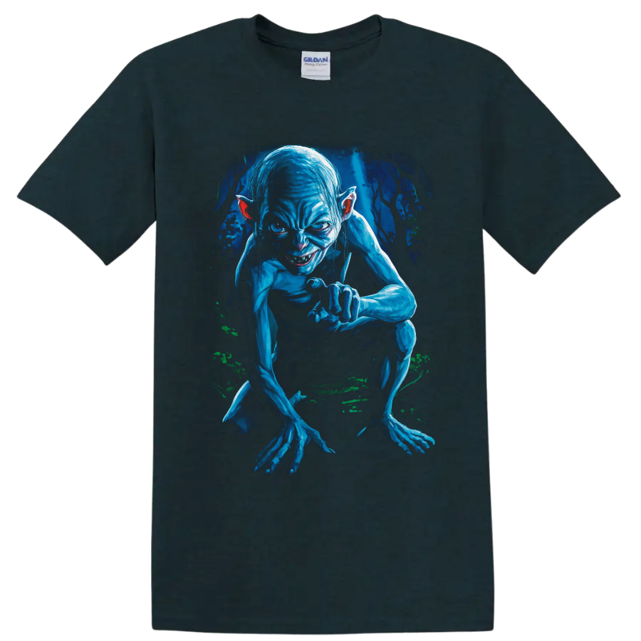 Gollum crouching in a shadowy forest, rendered in vivid blue dark fantasy art on a Midnight (Green) T Shirt