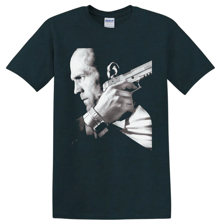 Jason Statham as Frank Martin in Transporter 3 grayscale action portrait on a Midnight (Green) T Shirt