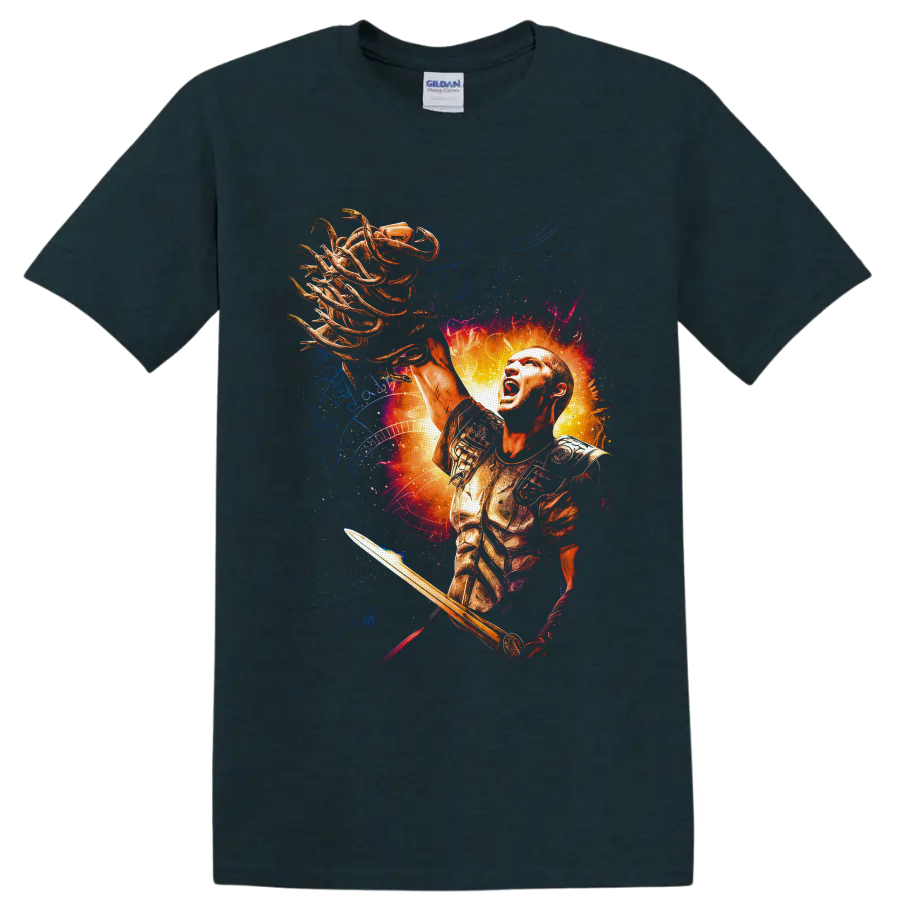 Perseus holding Medusa's serpent-haired head in fiery Greek mythology fantasy art on a Midnight (Green) T Shirt