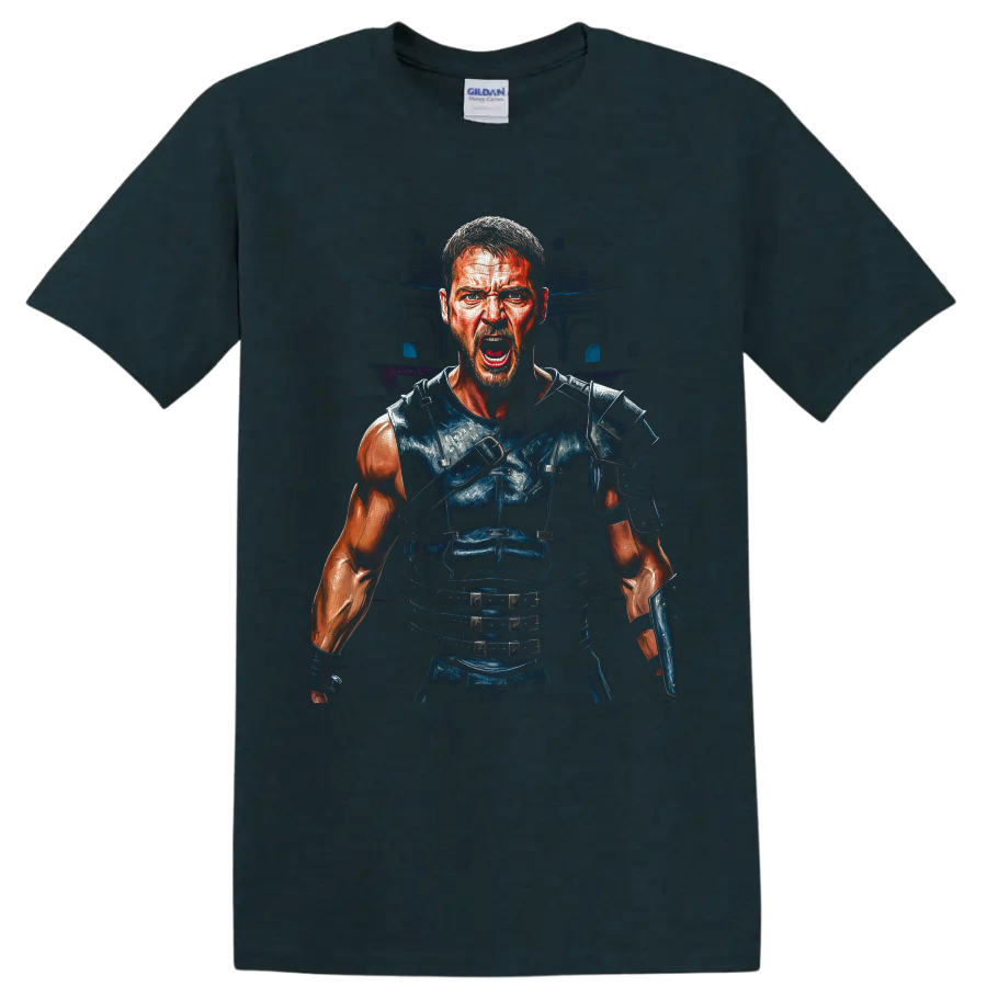 Maximus Decimus Meridius roaring in Roman armor with a shadowy arena backdrop on a Midnight (Green) T Shirt