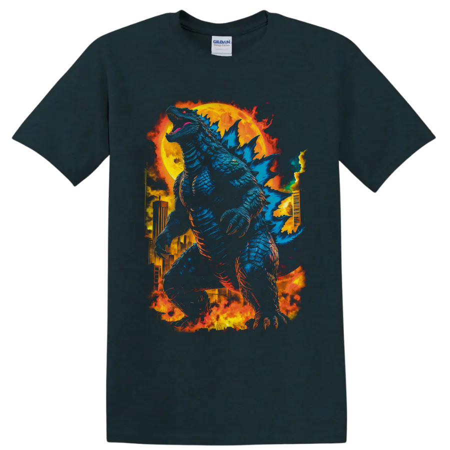 Godzilla blue kaiju towering over a burning city beneath a blazing moon on a Midnight (Green) T Shirt