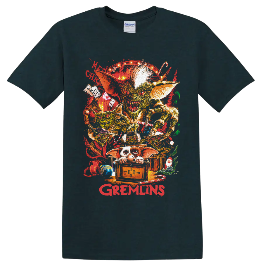 Gizmo Gremlins Christmas collage with Mogwai, creatures, candy canes, and crate on a Midnight (Green) T Shirt
