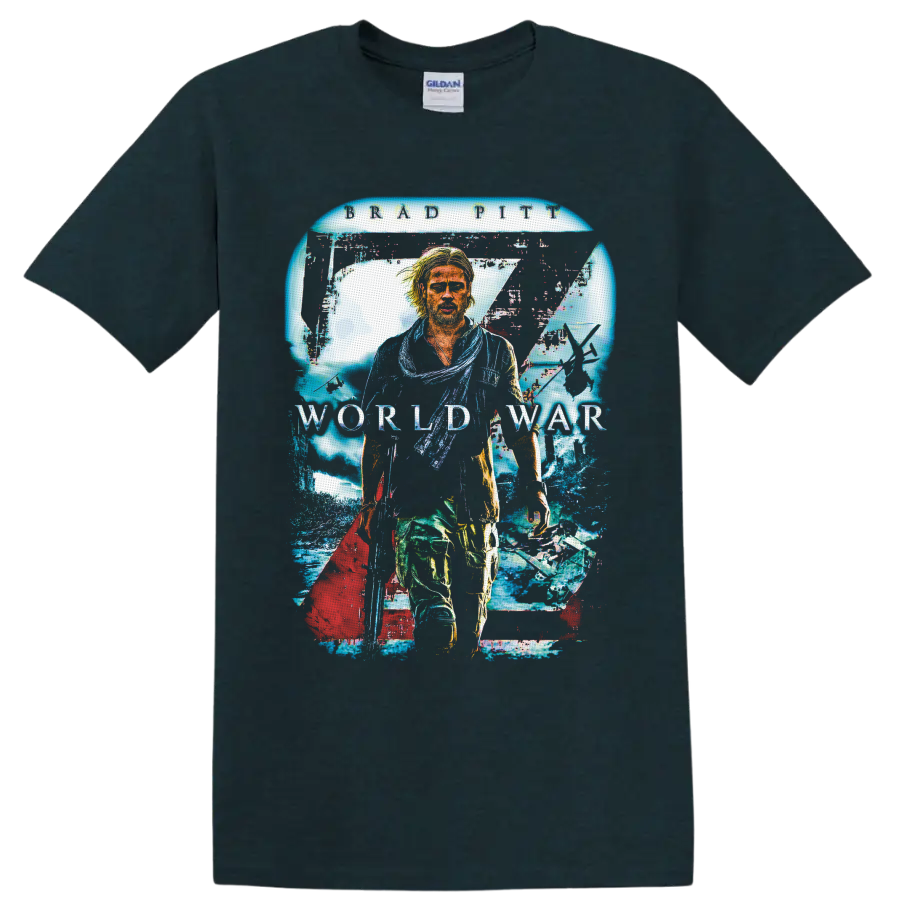 Jerry Lane World War Z distressed collage with aircraft, infected crowd, and movie text on a Midnight (Green) T Shirt