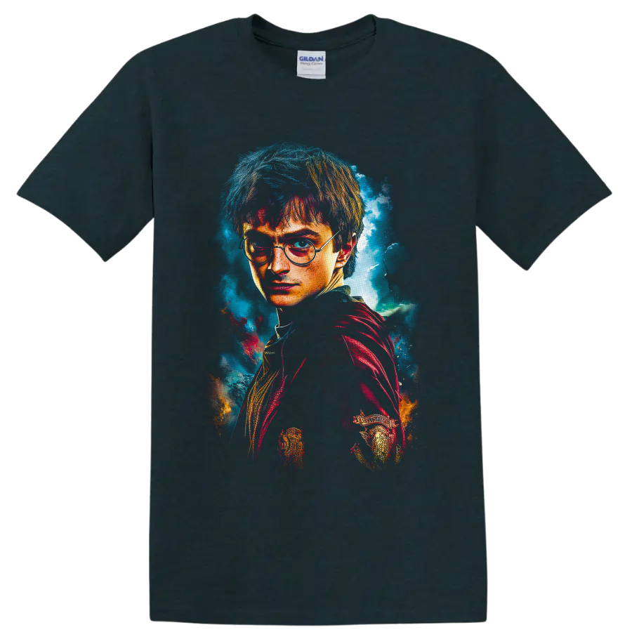 Harry Potter wizard portrait in vivid textured fantasy art with round glasses on a Midnight (Green) T Shirt