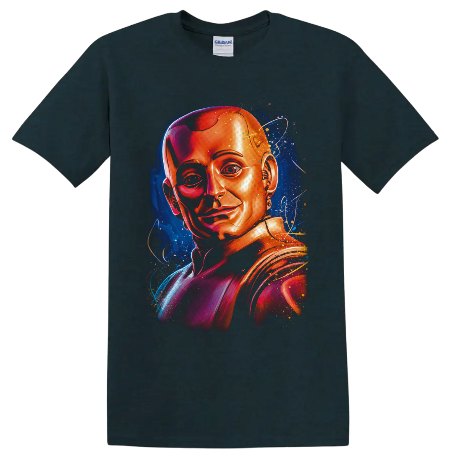 Cyborg portrait in vivid metallic tones with cosmic stars and orbital line art on a Midnight (Green) T Shirt
