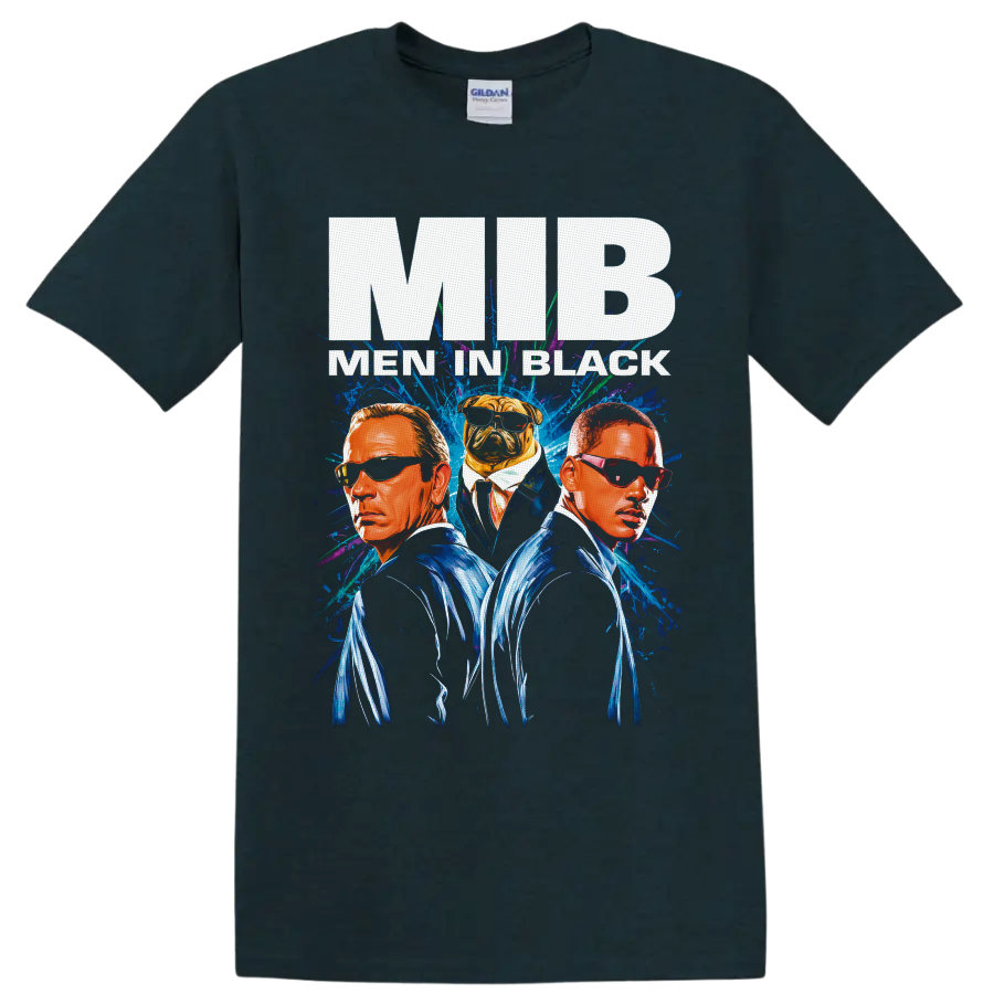 Agent J, Agent K and Frank the Pug in neon Men in Black II poster art on a Midnight (Green) T Shirt