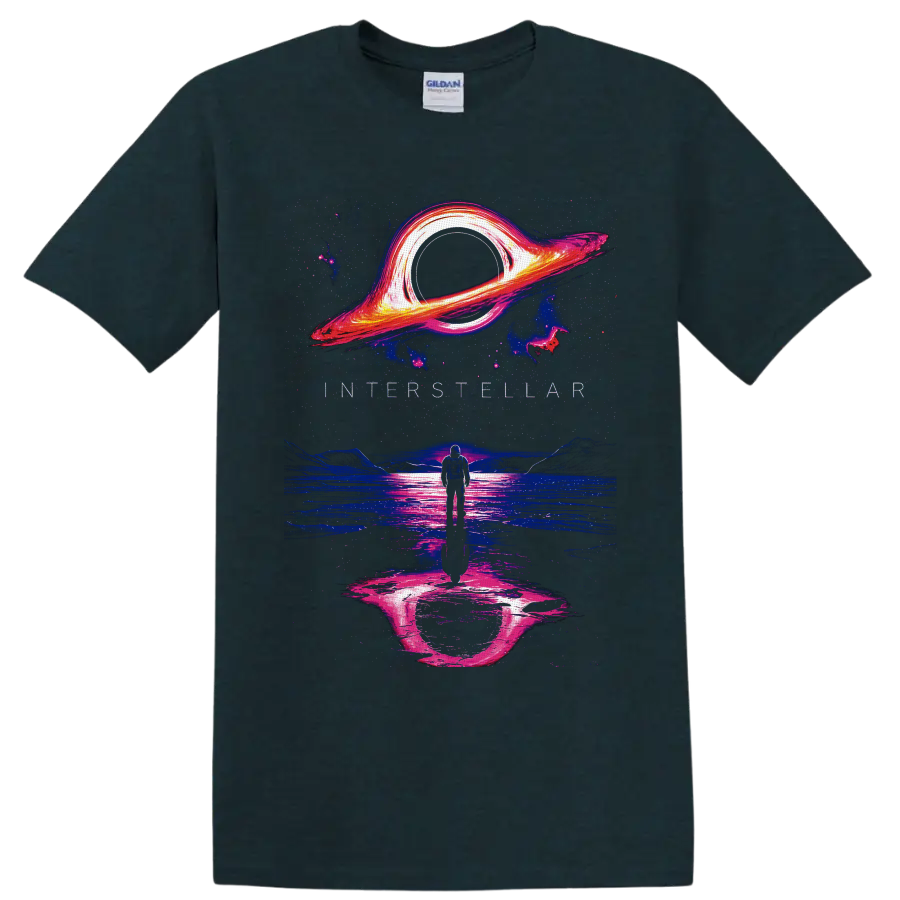 Neon Interstellar astronaut beneath a glowing black hole over reflective alien water on a Midnight (Green) T Shirt
