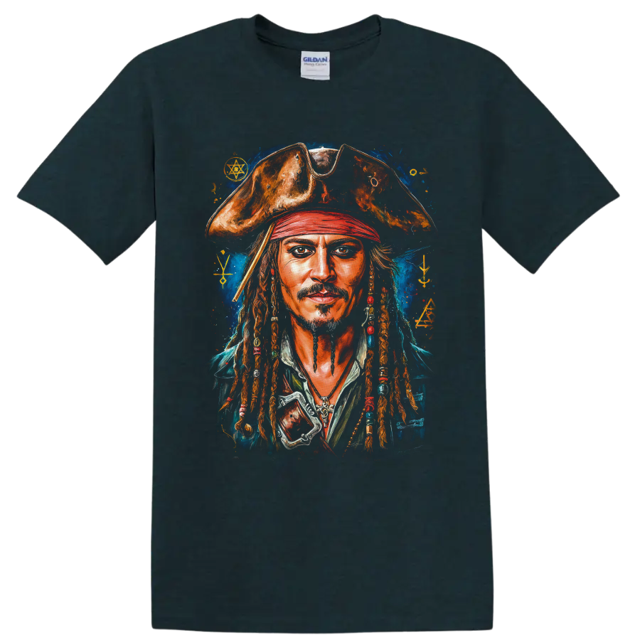 Captain Jack Sparrow painterly pirate portrait with tricorn hat and mystical blue backdrop on a Midnight (Green) T Shirt
