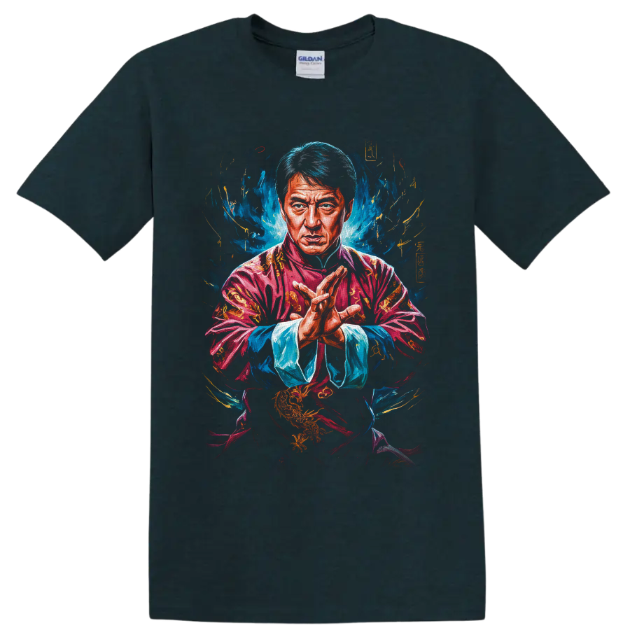 Jackie Chan as Mr. Han in a vivid painterly martial arts portrait on a Midnight (Green) T Shirt