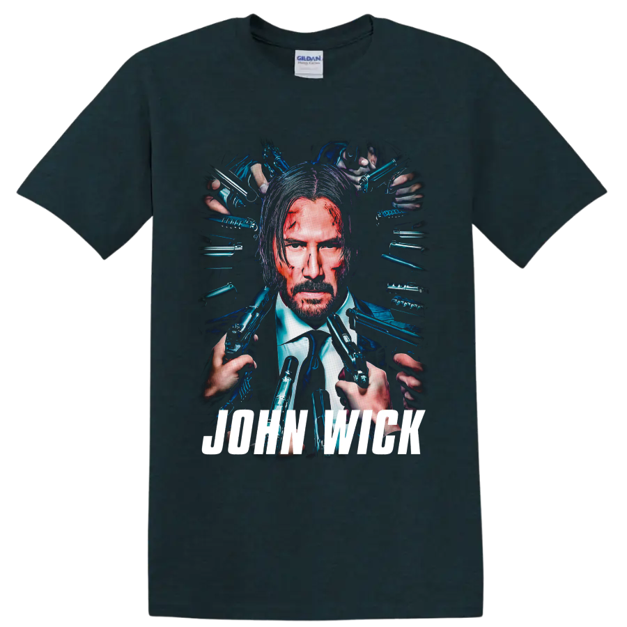 John Wick neon portrait with surrounding pistols and bold white title lettering on a Midnight (Green) T Shirt