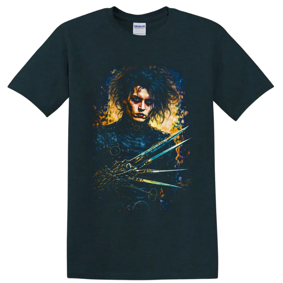 Edward Scissorhands gothic portrait with blue hair, scissor hands, and gold splatter art on a Midnight (Green) T Shirt