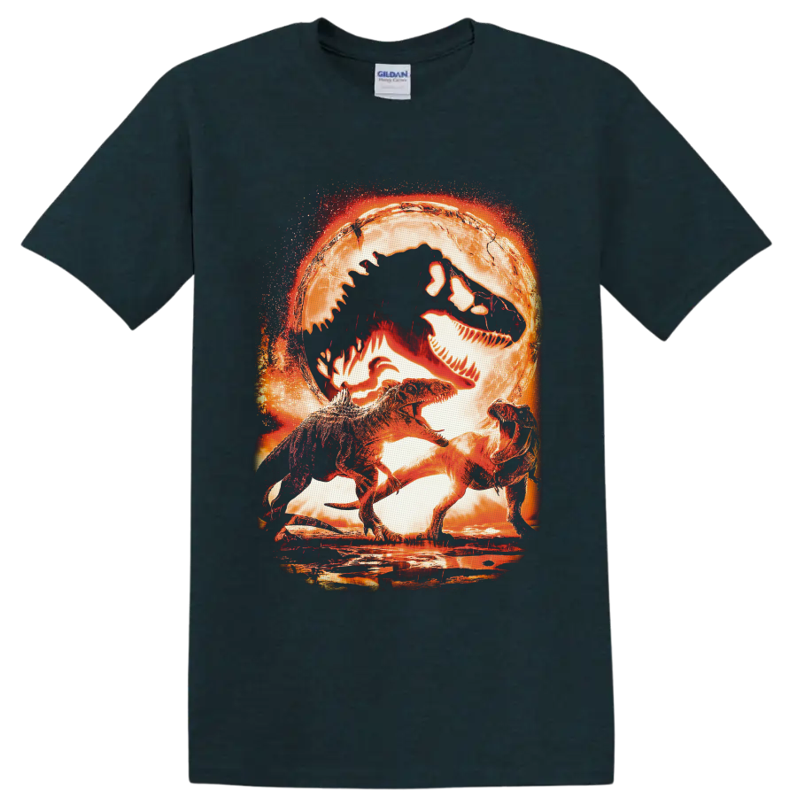 Jurassic World T Rex dinosaurs beneath a fiery fossil skull in distressed cinematic art on a Midnight (Green) T Shirt
