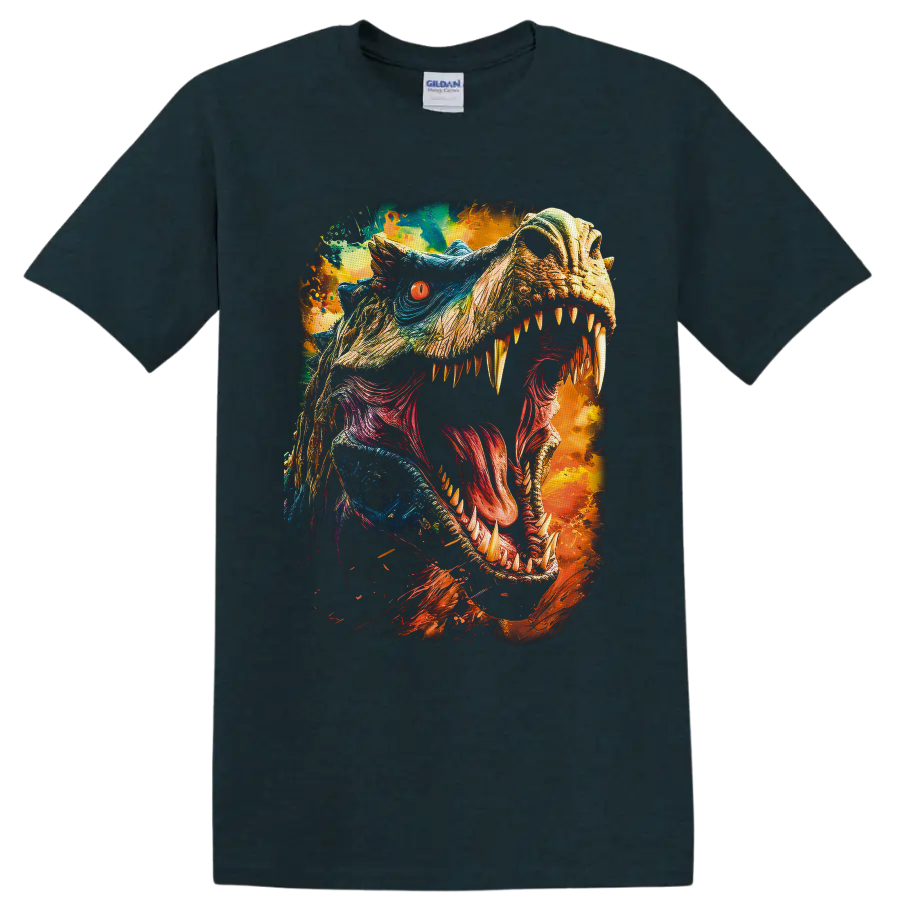 Jurassic World Tyrannosaurus rex roaring color-splash dinosaur art on a Midnight (Green) T Shirt