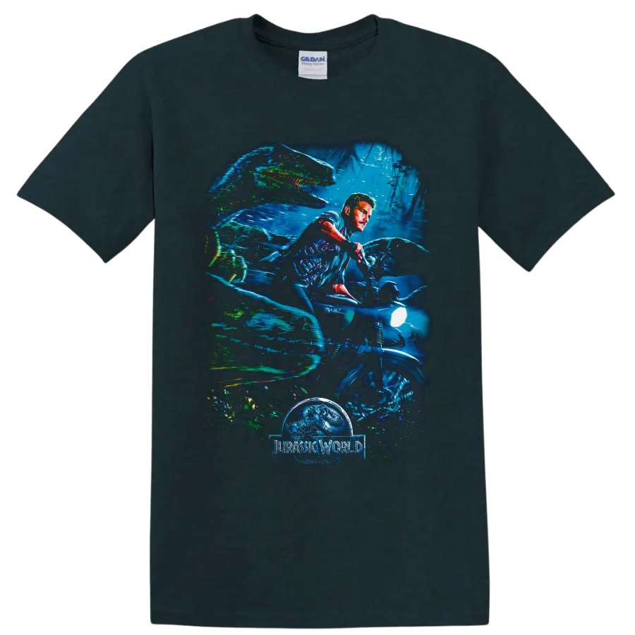 Owen Grady on motorcycle with dinosaurs in neon underwater Jurassic World artwork on a Midnight (Green) T Shirt