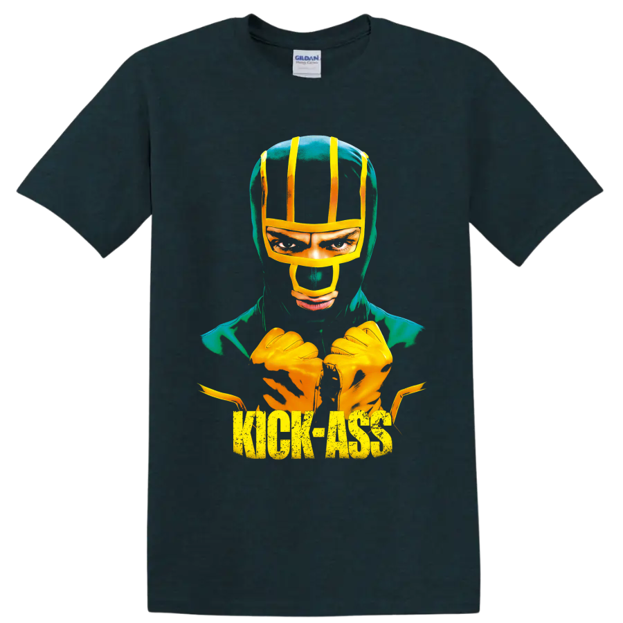 Dave Lizewski as Kick-Ass in a distressed comic-style masked hero graphic on a Midnight (Green) T Shirt