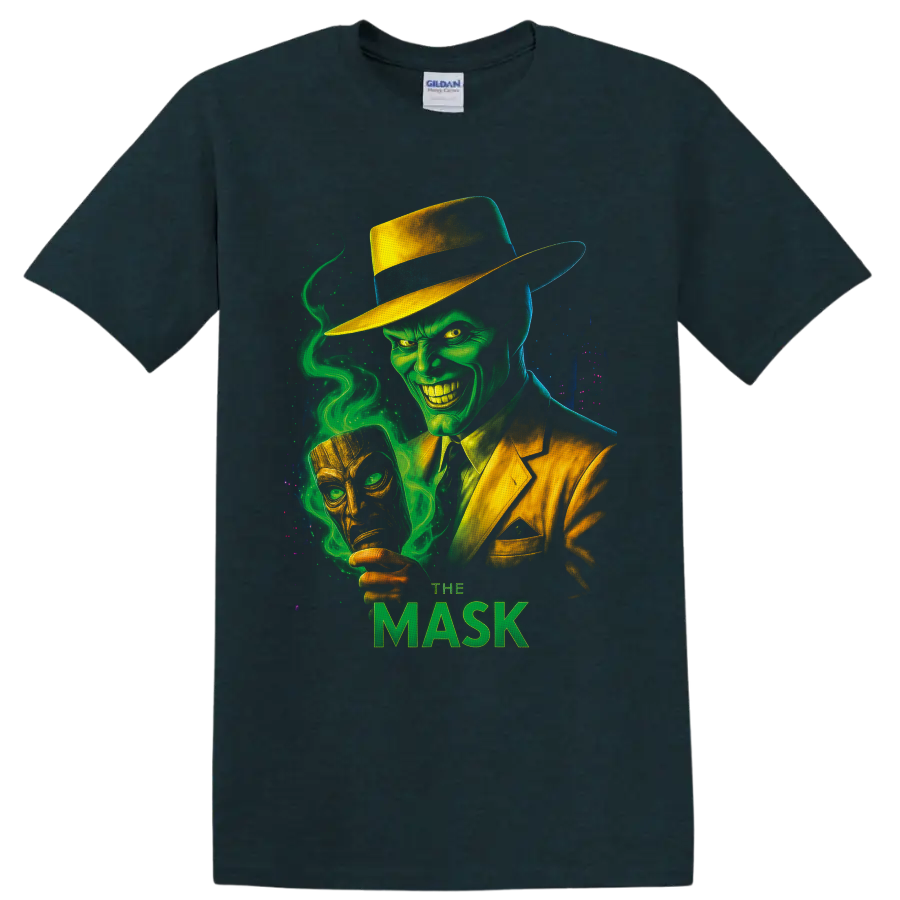 The Mask green-faced character in yellow suit with swirling smoke and golden mask on a Midnight (Green) T Shirt