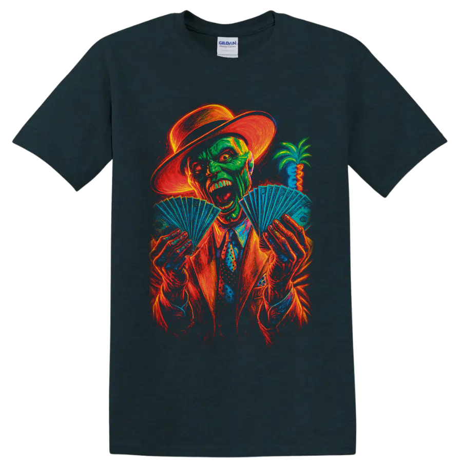 The Mask neon character in hat and suit fanning playing cards on a Midnight (Green) T Shirt