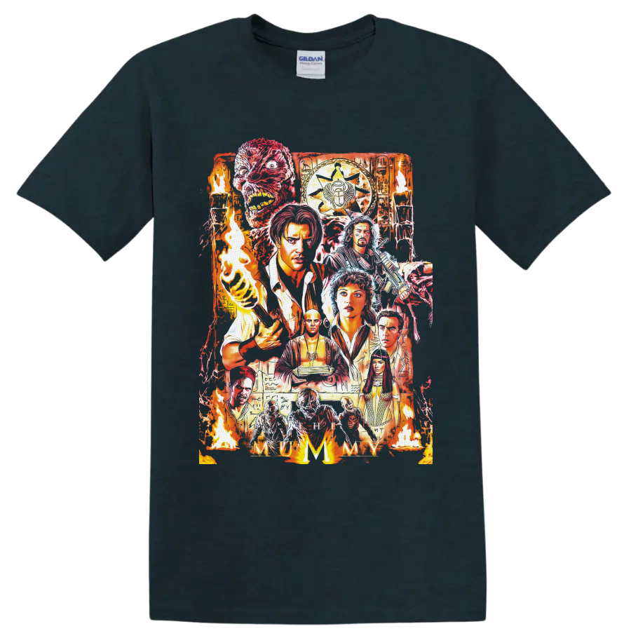 The Mummy 1999 fiery Egyptian horror collage with characters, mummy face, torches and on a Midnight (Green) T Shirt