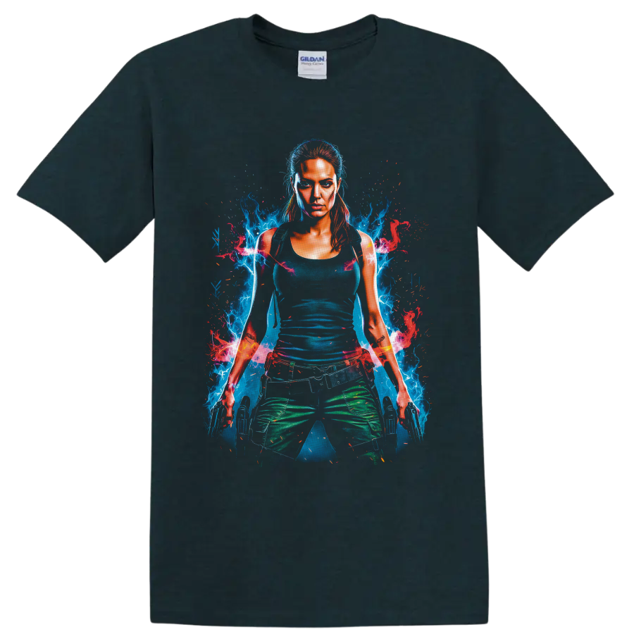 Lara Croft Tomb Raider neon digital portrait with blue energy, red sparks, and dual on a Midnight (Green) T Shirt
