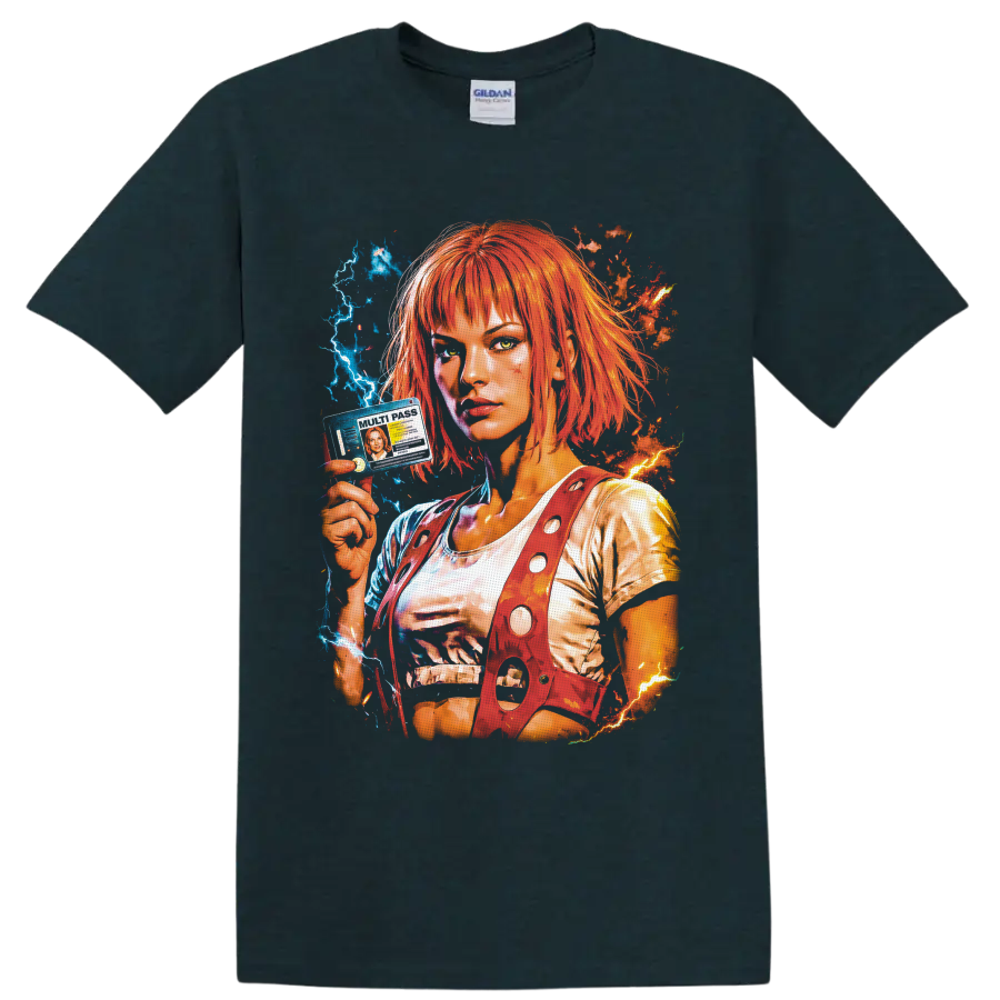 Leeloo portrait with orange hair, multipass, blue lightning, and fiery sci-fi energy on a Midnight (Green) T Shirt