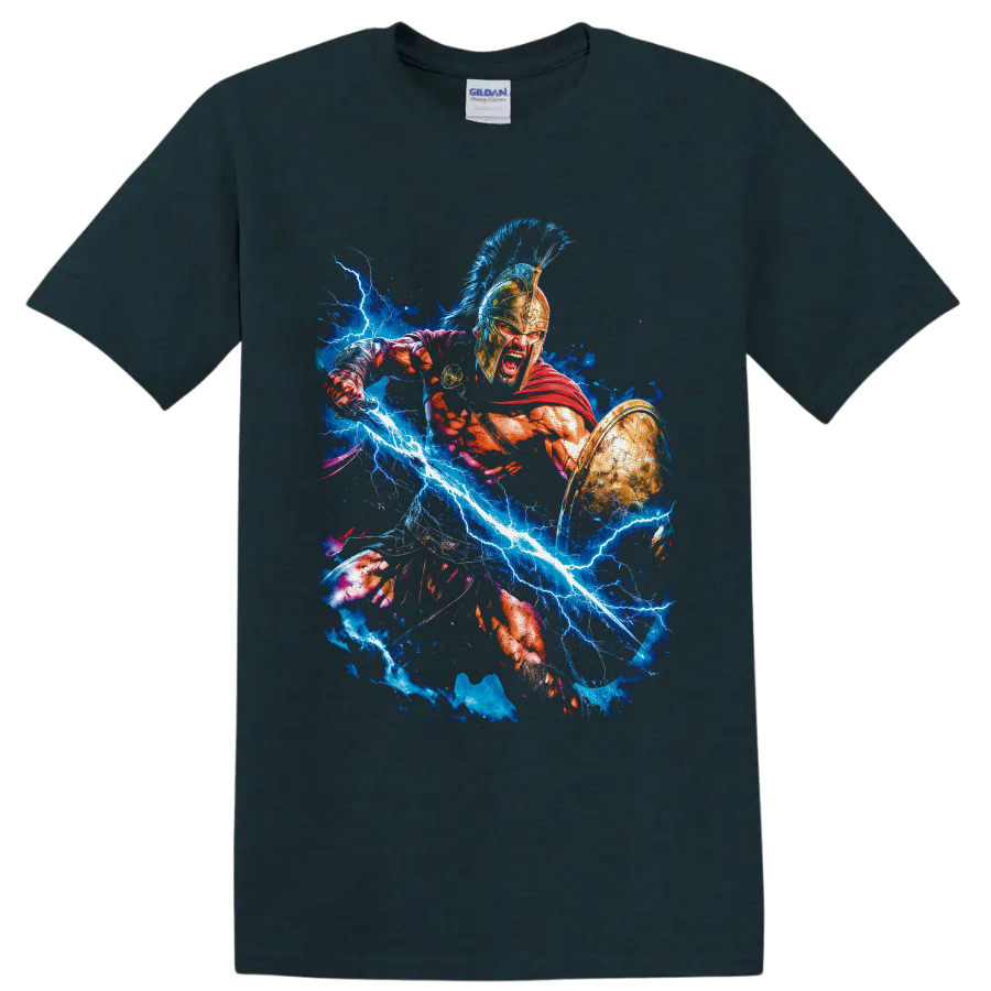 King Leonidas 300 Spartan warrior art with shield, red cape, and blue lightning on a Midnight (Green) T Shirt