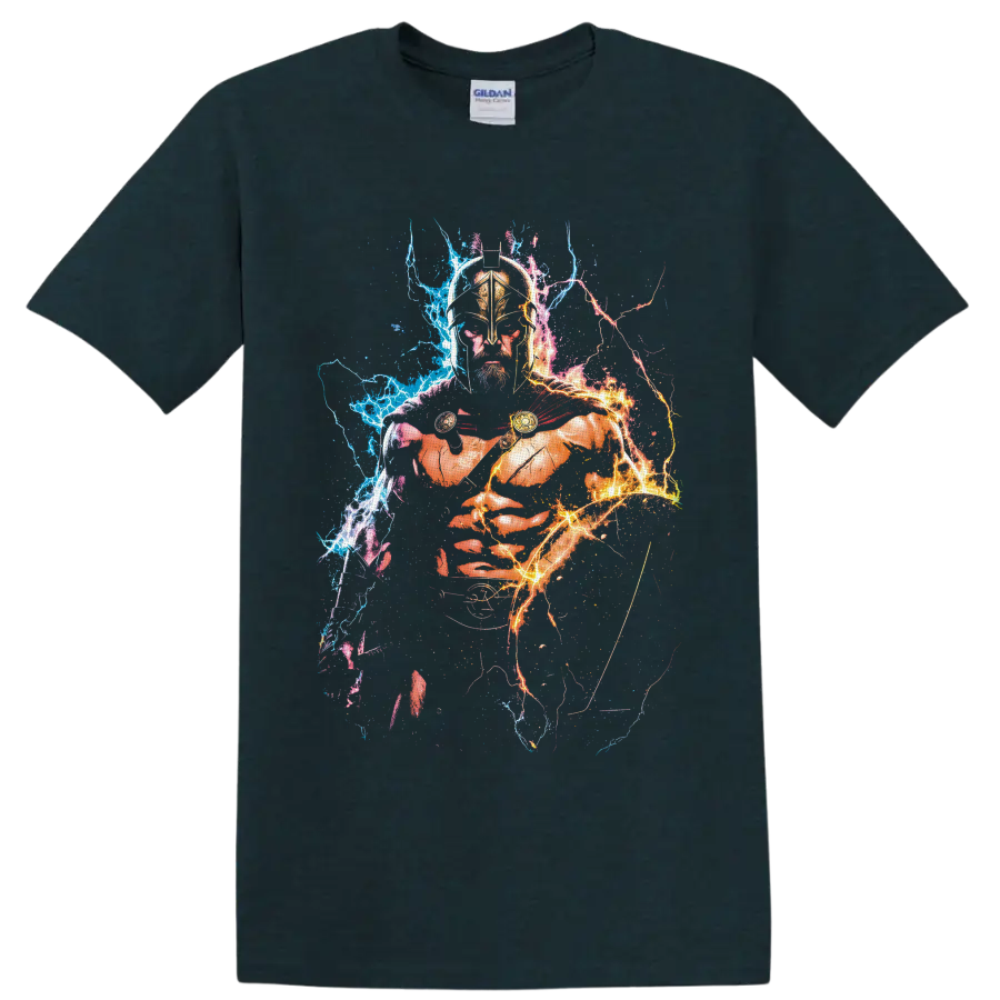 Leonidas 300 Spartan warrior with bronze helmet, red cloak, and blue-orange lightning on a Midnight (Green) T Shirt