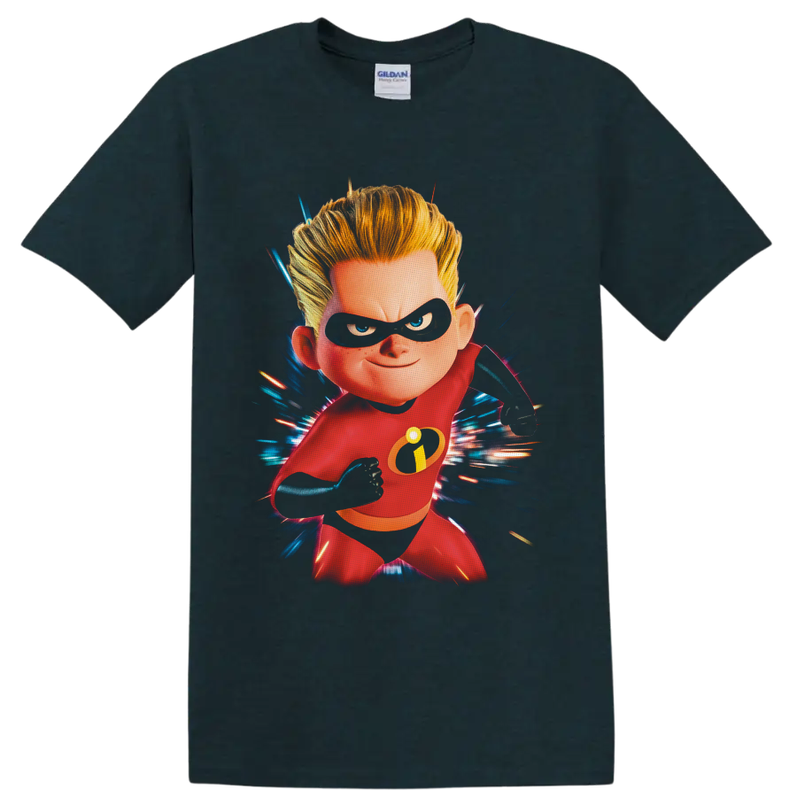Dash Parr in red hero suit with black mask and blue red speed burst artwork on a Midnight (Green) T Shirt