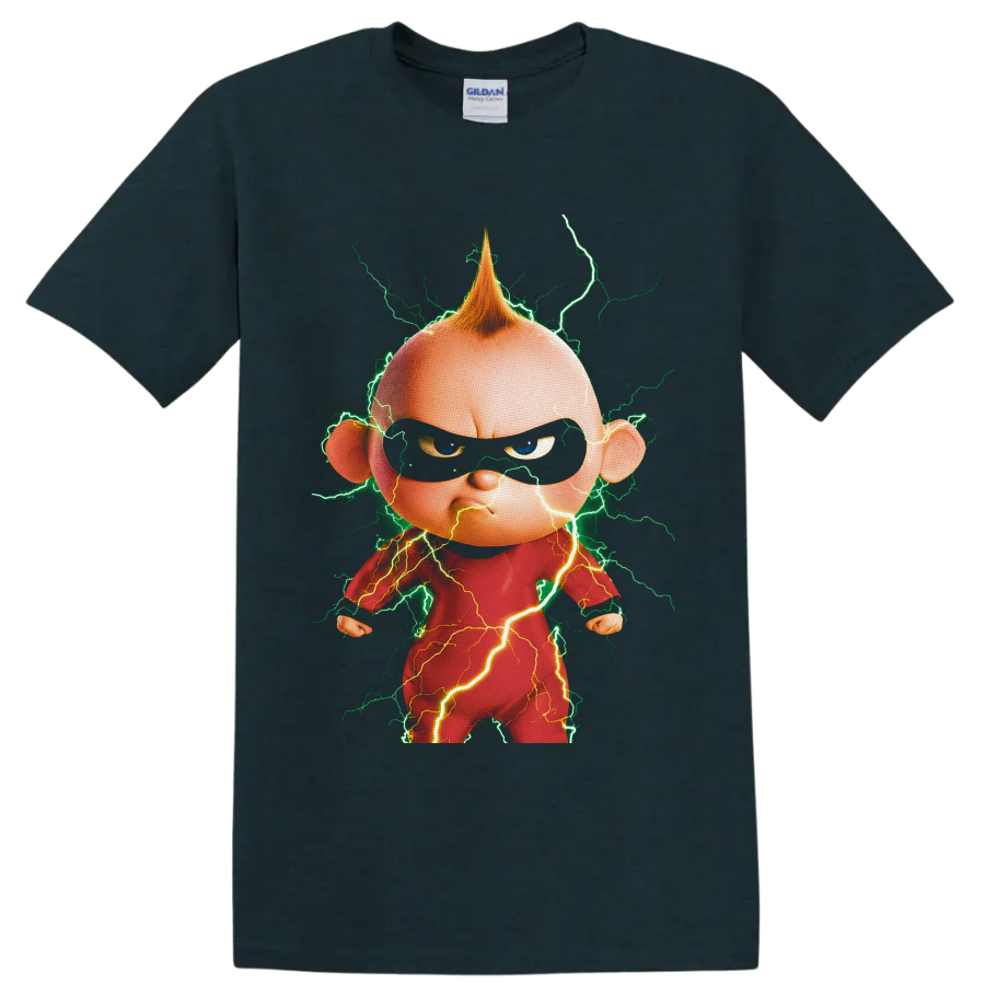 Jack-Jack Parr cartoon portrait with green and golden lightning bolts on a Midnight (Green) T Shirt