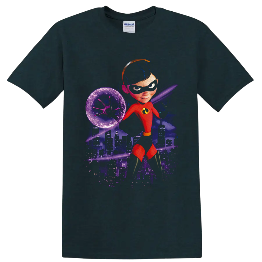Violet Parr force-field superhero artwork with purple city skyline and cosmic background on a Midnight (Green) T Shirt
