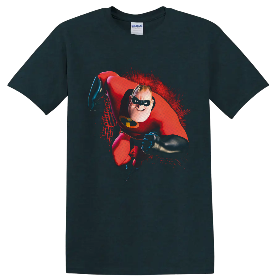 Mr. Incredible flying in red suit with black mask and red paint-splash artwork on a Midnight (Green) T Shirt