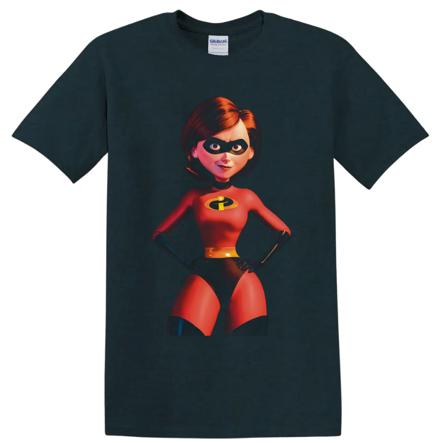 Elastigirl from The Incredibles in a vivid red superhero suit character portrait on a Midnight (Green) T Shirt