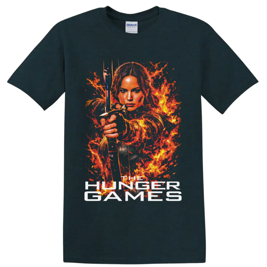 Katniss Everdeen fiery archer portrait with bow, arrow, flames, and The Hunger Games text on a Midnight (Green) T Shirt
