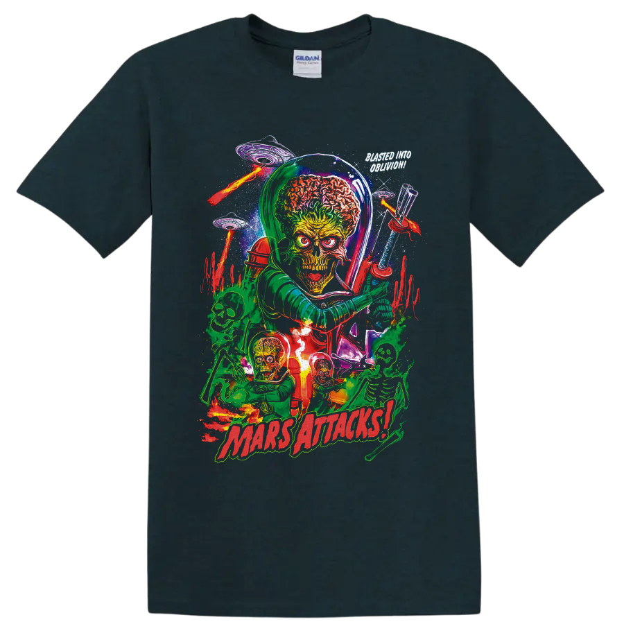 Mars Attacks Martian alien invasion art with saucers, skeletons, ray guns and flames on a Midnight (Green) T Shirt