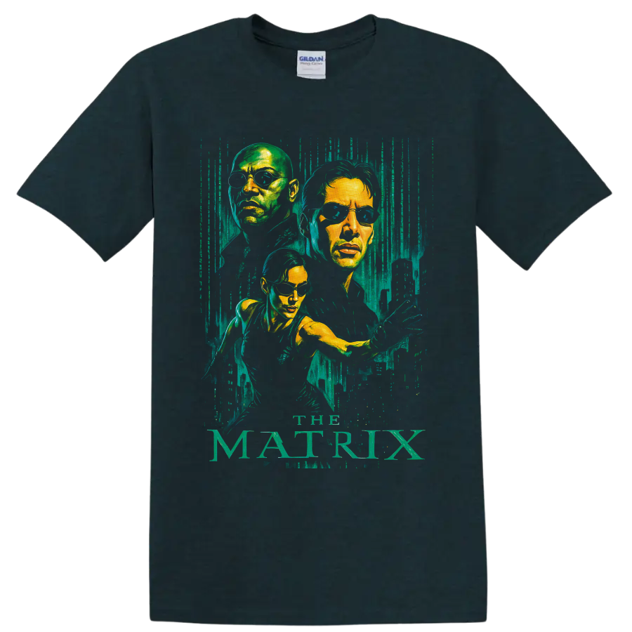 Neo, Morpheus and Trinity portraits with distressed green code and The Matrix text on a Midnight (Green) T Shirt