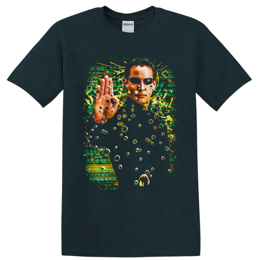 Neo from The Matrix with green code, floating bullets, and cyberpunk bullet-time art on a Midnight (Green) T Shirt