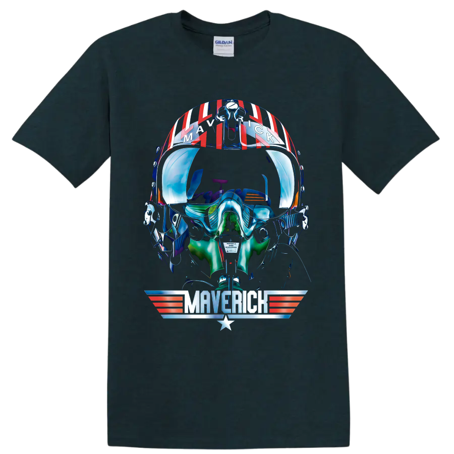 Pete Maverick Mitchell helmet graphic with winged Maverick emblem and retro aviation on a Midnight (Green) T Shirt