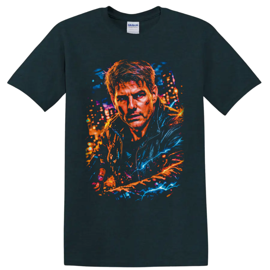 Pete Maverick Mitchell Top Gun neon splatter portrait with blue lightning on a Midnight (Green) T Shirt