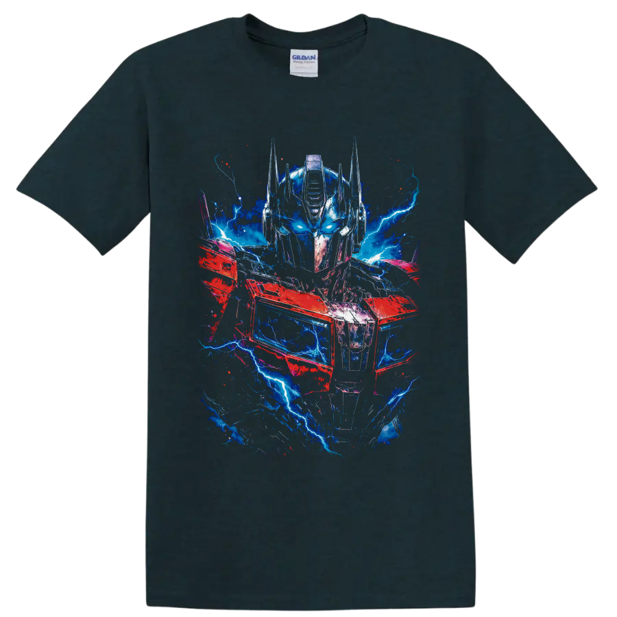 Optimus Prime robot portrait with blue lightning, red armor, and distressed sci-fi on a Midnight (Green) T Shirt