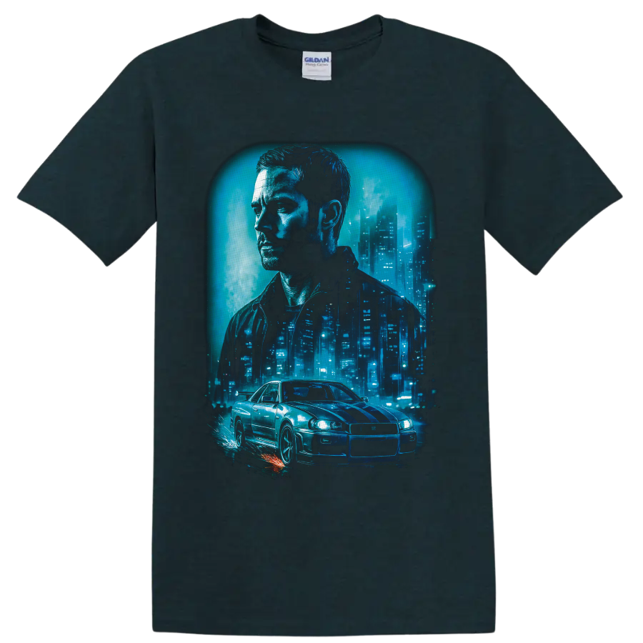 Brian O'Conner portrait and Nissan Skyline GT-R in neon blue city racing artwork on a Midnight (Green) T Shirt