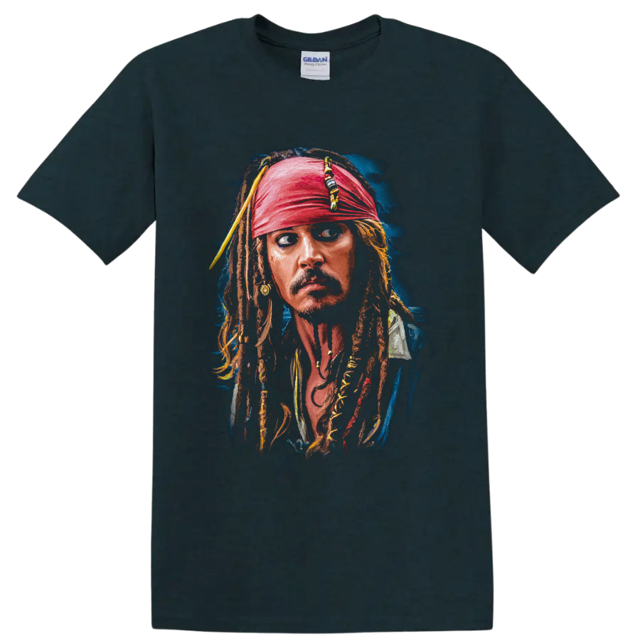 Captain Jack Sparrow painterly portrait with red bandana and beaded dreadlocks on a Midnight (Green) T Shirt