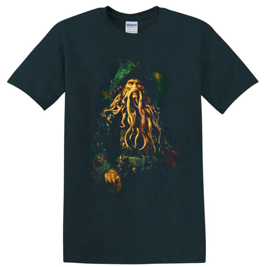 Davy Jones tentacled captain portrait in distressed nautical fantasy artwork on a Midnight (Green) T Shirt